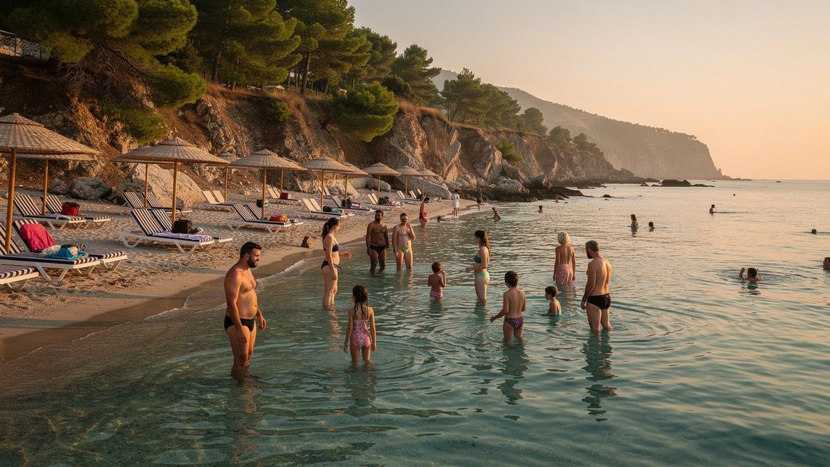 Shallow turquoise water at a family beach in Antalya with loungers and umbrellas along the sand